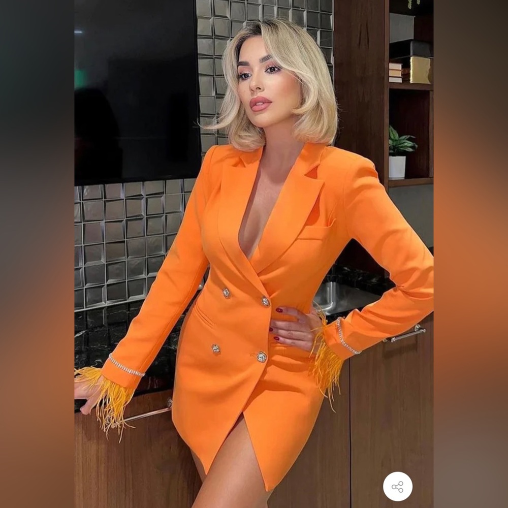 SPARKLY FEATHER TRIM LONG SLEEVE CUTOUT BACK BLAZER MINI DRESS - ORANGE
